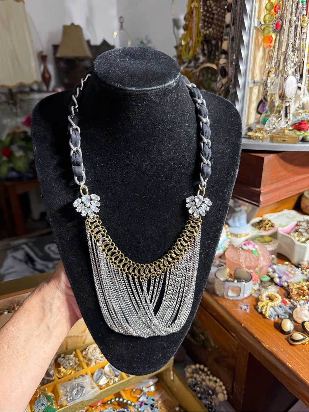 Vintage Black Silver Fringe Statement Necklace